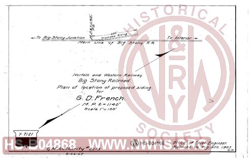 N&W Ry, Big Stony Railroad, Plan of location of proposed siding for G.D. French, MP 6+1140'