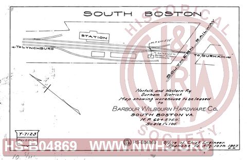 N&W RY, Durham District, Map showing warehouse to be leased to Barbour Wilbourn Hardware Co., South Boston Va, MP 60+5750'