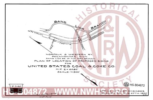 N&W Ry, Pocahontas Div'n, Sand Lick Br. of Tug Fork Branch, Plan of location of proposed siding for United States Coal & Coke Co. MP 2+2080'