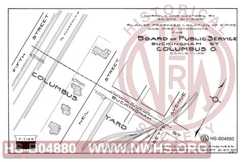 N&W Ry, Scioto Division, Plan of proposed location of 8" pipe and fire hydrants for Board of Public Service, Buckingham St., Columbus O.