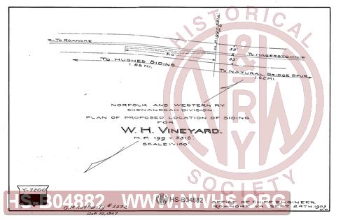 N&W Ry, Shenandoah division, Plan of proposed location of siding for W.H. Vineyard, MP 199+3316'