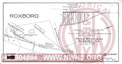 N&W Ry, Durham District, Plan and profile of proposed siding and trestle for Pass Brothers Roxboro N.C. MP 83+930'