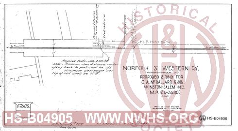 N&W Rwy, Proposed Siding for C.A. McGallard & Son, Winston-Salem NC, MP 124+3580'
