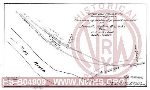 N&W Rwy, Pocahontas Division, Plan Showing Location of Proposed Crossover for Jewett, Biglow & Brooks near MP 408+840'