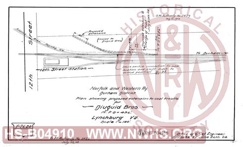 N&W Rwy, Durham District, Plan Showing Proposed Extension to Coal Trestle for Diuguid Bros. MP 0+496' Lynchburg VA