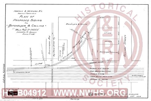N&W R'y, Norfolk Terminals, Plan of proposed siding for Bachelder & Collins at MP 2+2425.5', Lamberts Pt. Branch