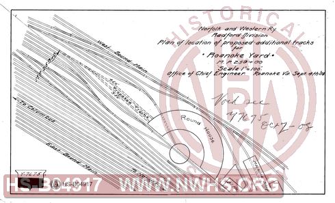 N&W RY, Radford Division, Plan of location of proposed additional tracks for Roanoke Yard, MP 259+00'