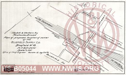 N&W Ry, Pocahontas division, Plan of proposed location of sewer of the Bluefield Supply Co., Bluefield W.Va. MP 363+2470'
