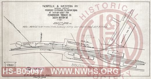 N&W Ry, Durham district, Proposed extension to station siding at MP 60+4827' for Edmondson Tobacco Co., South Boston VA