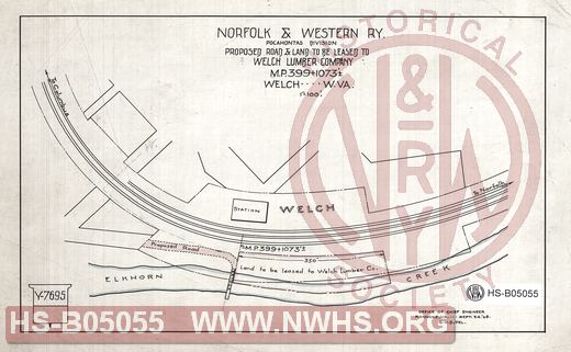 N&W Ry, Pocahontas division, Proposed road & land to be leased to Welch Lumber Company, MP 399+1073', Welch W.Va.