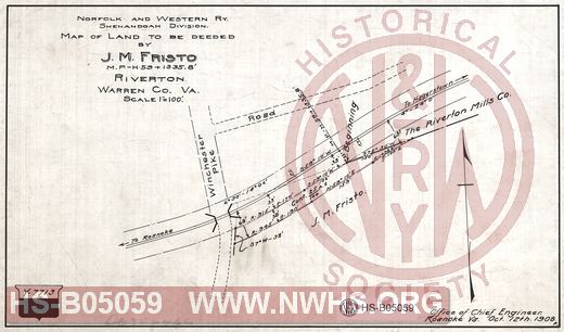 N&W Ry, Shenandoah division, Map of land to be deeded by J.M. Fristo, MP H59+1335.8', Riverton, Warren Co. Va.