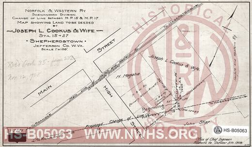 N&W Ry, Shenandoah division, Change of line between MP 15 & MP 17, Map showing land to be deeded by Joseph L Cookus & Wife, Sta. 15+27, Shepherdstown, Jefferson Co. W.Va.