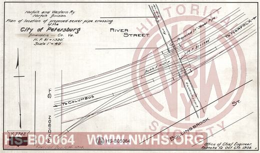 N&W Ry, Norfolk division, Plan of location of proposed sewer pipe crossing of the City of Petersburg, Dinwiddie Co., VA, MP 81+1330'