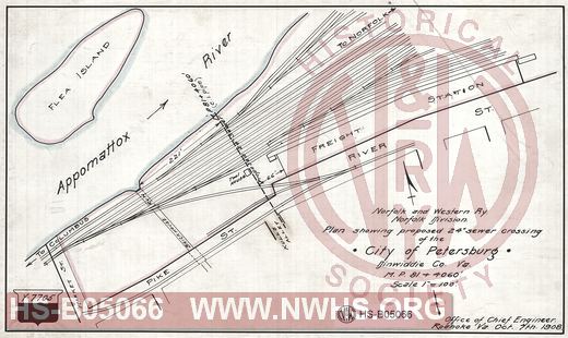 N&W Ry, Norfolk division, Plan showing proposed 24" sewer crossing of the City of Petersburg, Dinwiddie Co., VA, MP 81+1330'