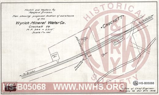N&W Ry, Radford division, Plan showing proposed location of warehouse of the Wyrick Mineral Water Co., Crockett VA, MP 344+2315'