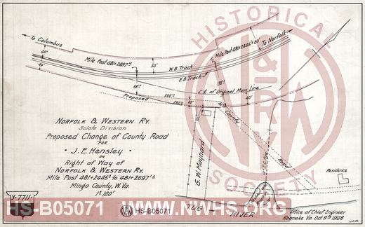 N&W Ry, Scioto division, Proposed change of county road for J.E. Hensley on right of way of N&W Ry, MP 481+2445' to 481+2697', Mingo County, W.Va