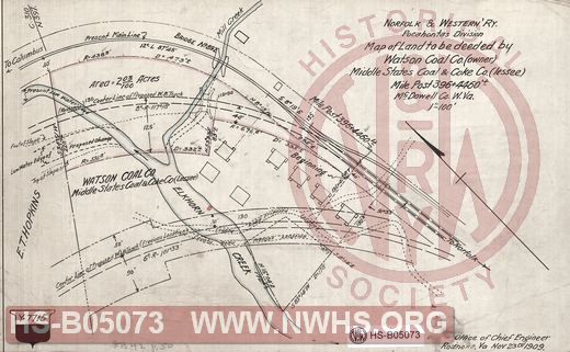 N&W Ry, Pocahontas division, Map of land to be deeded by Watson Coal Co. (owner), Middle States Coal & Coke Co. (lessee), MP 396+4460', McDowell Co. W.Va.