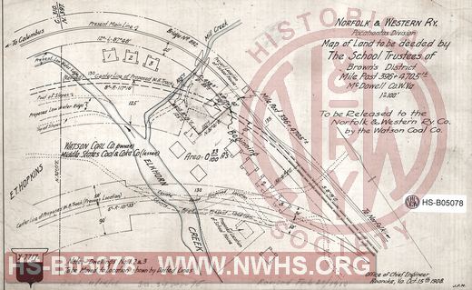 N&W Ry, Pocahontas division, Map of land to be deeded by The School Trustees of Brown's Disctrict, MP 396+4705', McDowell Co. W.Va.