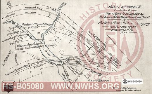 N&W Ry, Pocahontas division, Map of land to be deeded by The Board of Education of Brown's Disctrict to N&W Ry Co., MP 396+4380', McDowell Co. W.Va.