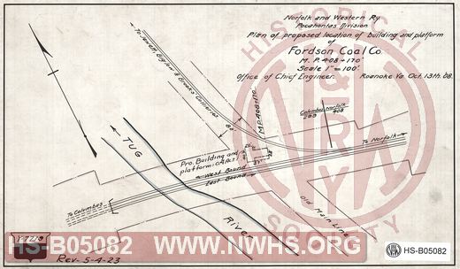 N&W Ry, Pocahontas division, Plan of proposed location of building and platform of Fordson Coal Co., MP 408+170'
