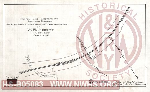 N&W Ry, Norfolk division, Map showing location of log dwelling of W.R. Abbott, MP 219+2870'