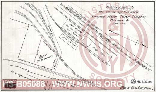 N&W Ry, Shenandoah division, Map showing land to be leased to Virginia Metal Culvert Company, Roanoke, Va