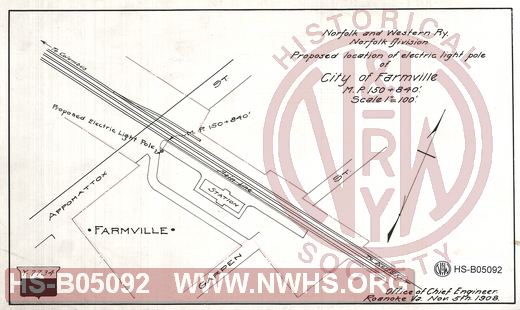 N&W Ry, Norfolk Division, Proposed location of electric light pole of City of Farmville, MP 150+840'