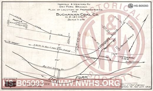 N&W Ry, Dry Fork Branch, Plan of location of proposed siding for Buchanan Coal Co MP 19+4417'