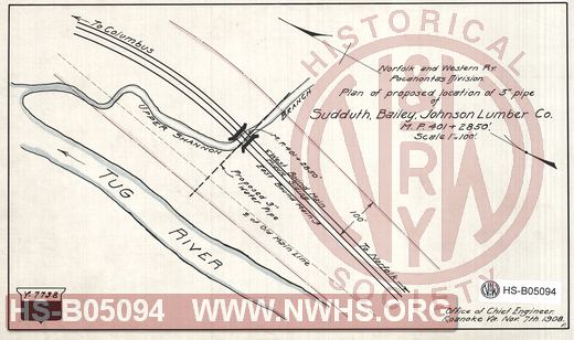 N&W Ry, Pocahontas division, Plan of proposed location of 3" pipe of Sudduth, Bailey, Johnson Lumber Co., MP 401+2850'