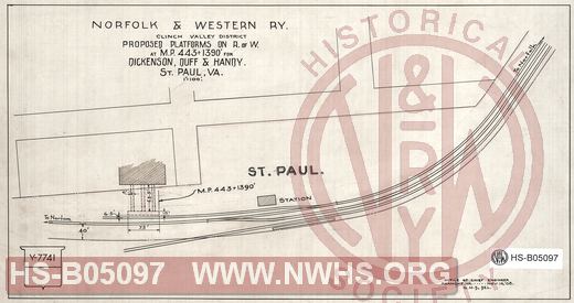N&W Ry, Clinch Valley district, Proposed platforms on R. of W at MP 443+1390' for Dickenson, Duff & Handy, St. Paul, Va