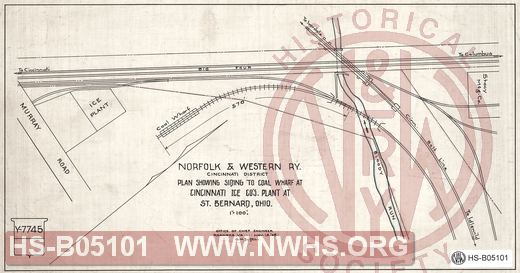 N&W Ry, Cincinnati district, Plan showing siding to coal wharf at Cincinnati Ice Co's Plant at St. Bernard, Ohio