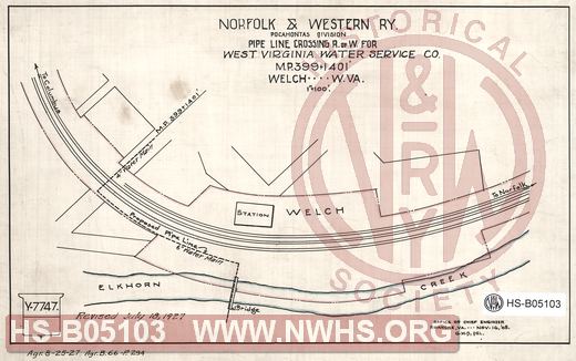 N&W Ry, Pocahontas division, Pipe line crossing R. of W. for West Virginia Water Service O., MP 399+1401', Welch, W.Va