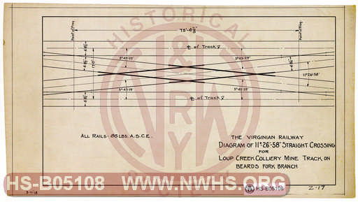 Virginian Ry: Diagram of 11 degree-26'58" Straight Crossing for Loup Creek Colliery Mine Track on Beards Fork Branch