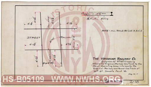 Virginian Ry Diagram of 87 degree-43' Crossing Where Track to Naval Operating Base Intersects Virginian Ry and Power Co at 99th St