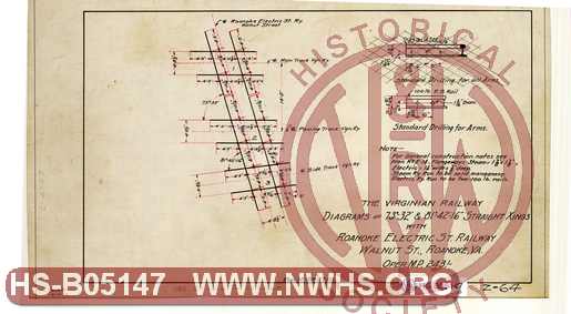 Virginian Ry - Diagram of 73 Degree 32' and 81 Degree 42'16" Straight Crossings with Roanoke Electric Street Ry, Walnut St, Roanoke MP 243.1
