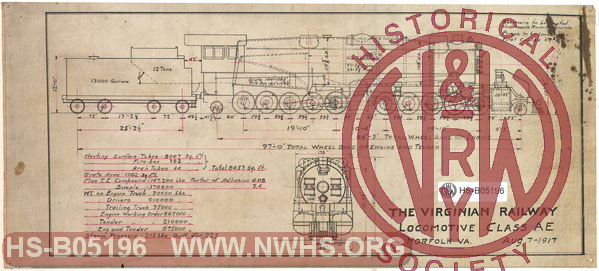 The Virginian Railway, Steam Locomotive Class AE, Specification Diagram