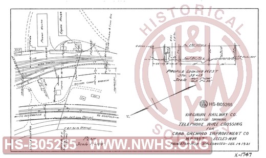 Virginian Railway Co., Sketch showing telephone wire crossing for Crab Orchard Improvement Co., MP 399.7, Eccles, W.VA; Princeton, WlVA.