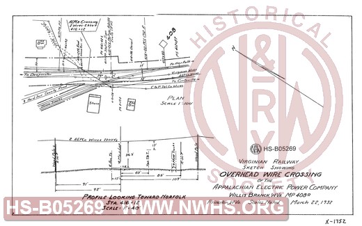 Virginian Railway Co., Sketch showing overhead wire crossing of the Appalachian Electric Power Co., Willis Branch, W.VA.,  MP 408.0; Princeton, W.VA.