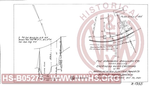 Virginian Railway Co., Sketch showing overhead wire crossing of the Appalachian Electric Power Co.  MP 11.5; Morri Branch, Princeton, W.VA.