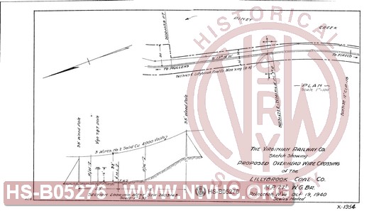 Virginian Railway Co., Sketch showing proposed overhead wire crossing of the Lillybrook Coal Co., MP 27.1, W.G. BR., Princeton, W.VA.