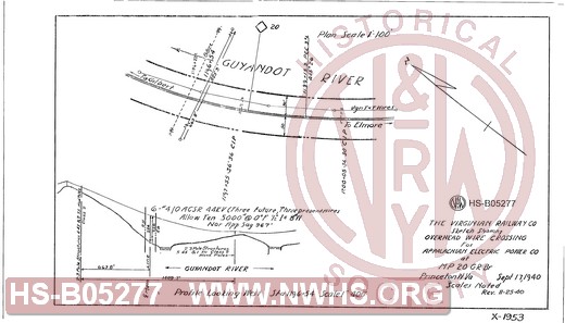 Virginian Railway Co., Sketch showing overhead wire crossing for the Appalachian Electric Power Co.  MP 20 G.R. Br.; Princeton, W.VA.