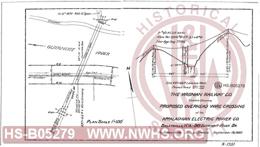 Virginian Railway Co., Sketch showing proposed overhead wire crossing of the Appalachian Electric Power Co. Baileysville, W.VA- MP 24.9; Guyandot River Br., Princeton, W.VA.