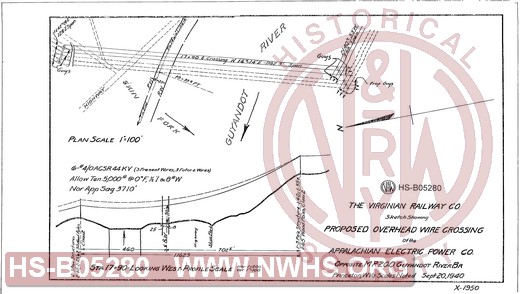 Virginian Railway Co., Sketch showing proposed overhead wire crossing of the Appalachian Electric Power Co.- opposite MP 20.0, Guyandot River Br.; Princeton, W.VA.