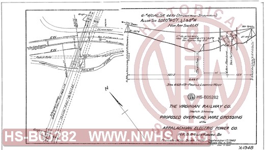 Virginian Railway Co., Sketch showing proposed overhead wire crossing of the Appalachian Electric Power Co., Glen Rogers Br., W.VA- MP 8.8; Princeton, W.VA.