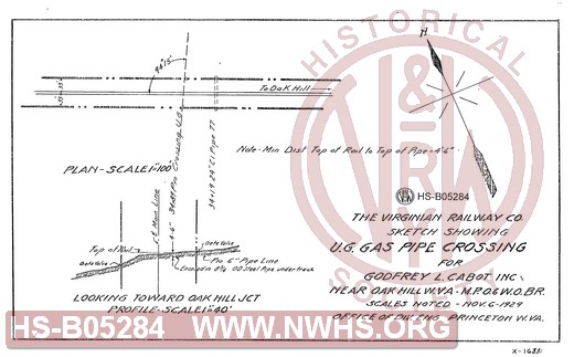 Virginian Railway Co., Sketch showing U.G. Gas pipe crossing for Godfrey L. Cabot Inc. Near Oak Hill, W.VA.- MP- .0.6, W.O. Br., Princeton, W.VA.