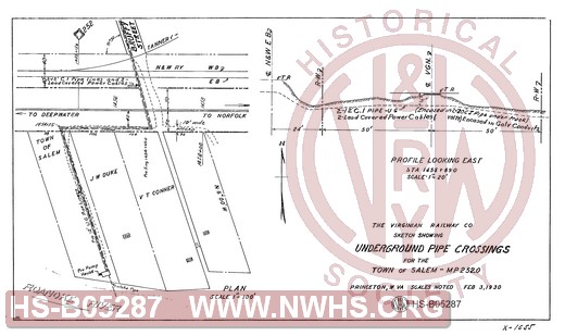 Virginian Railway Co., Sketch showing underground pipe crossings for the town of Salem, VA. MP- 252.0.