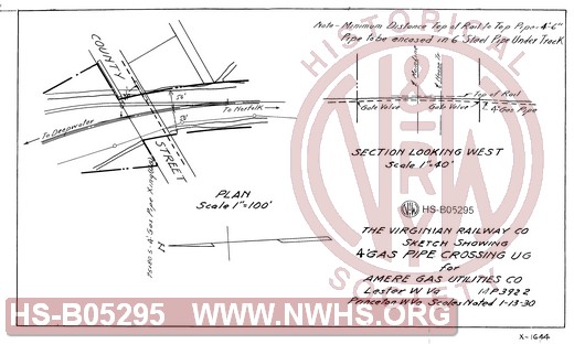 The Virginian Railway Co. sketch showing 4" gas pipe crossing U.G. for Amere Gas Utilities Co.; Lester W.VA.; MP- 392.2; Scales noted.