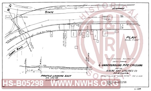 The Virginian Railway Co. sketch showing 4" gas pipe crossing U.G. for Amere Gas Utilities Co.; Lester W.VA.; MP- 21.0, W.G. Br.; Scales noted.