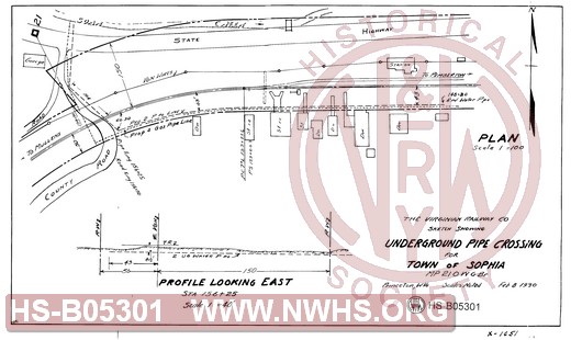 Virginian Railway Co., Sketch showing Underground Pipe Crossing for Town of Sophia, MP- 21.0 W.G. Br., Scales noted.