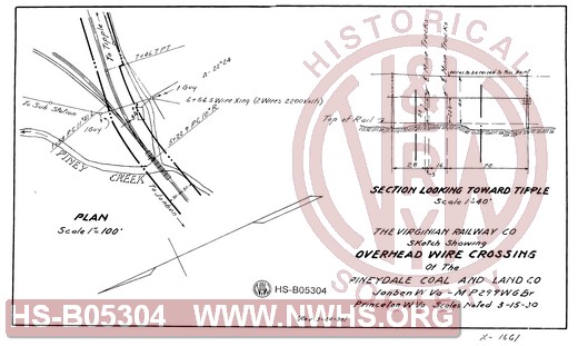 Virginian Railway Co., Sketch showing overhead wire crossing of the Pineydale Coal and Land Co., Jonben, W.VA- MP 29.9 W.G. Br.; Princeton, W.VA.